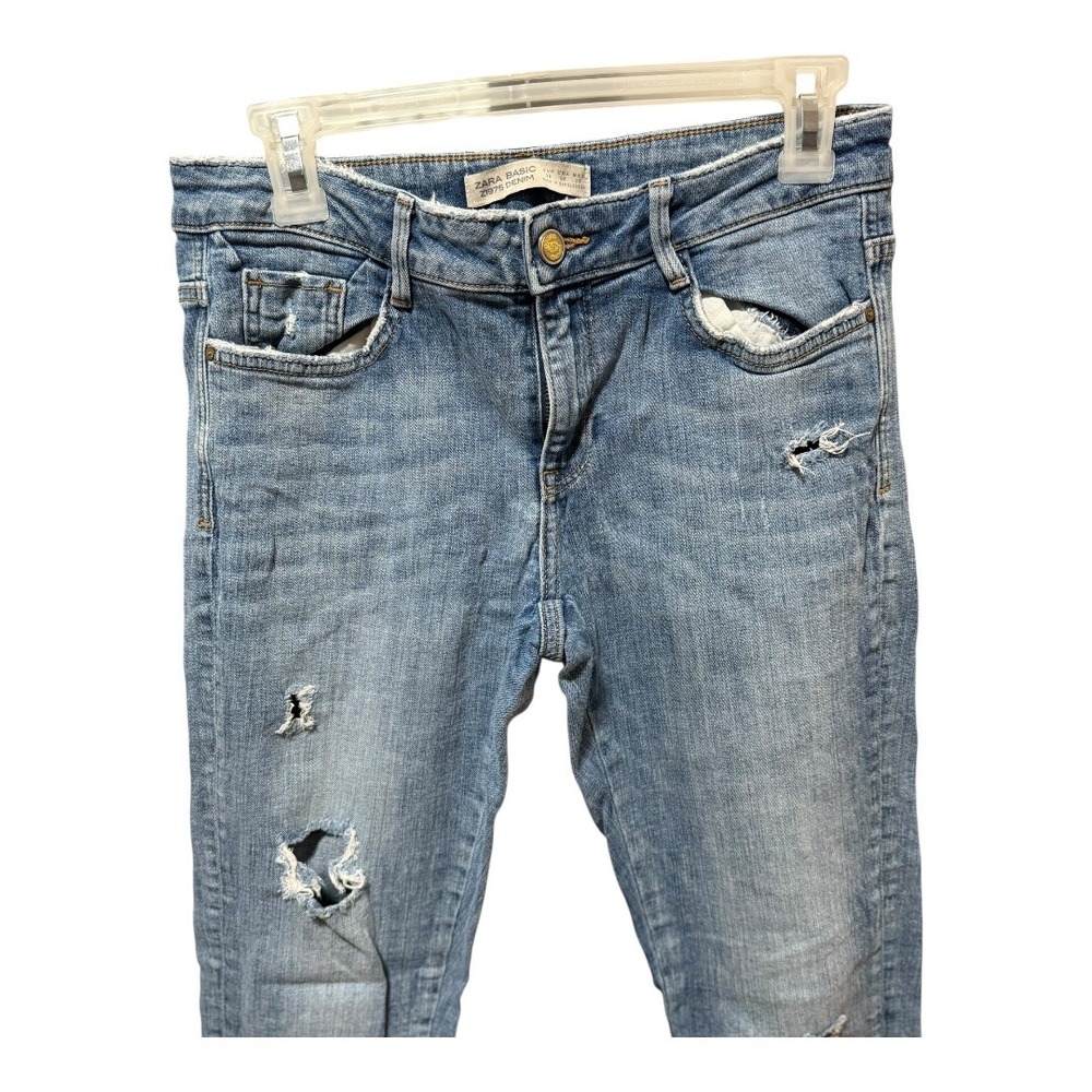 Zara Basic Z1975 Denim Jeans Womens 6 Blue Good Distressed Skinny Ripped Raw Hem